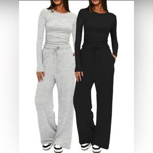 Two-piece set woman’s Solid Ruched Tee & Drawstring Pockets Pants Pajamas Set